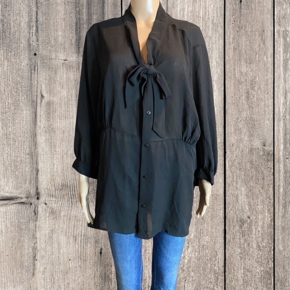 George Button Front Tie Blouse Black - Picture 1 of 4